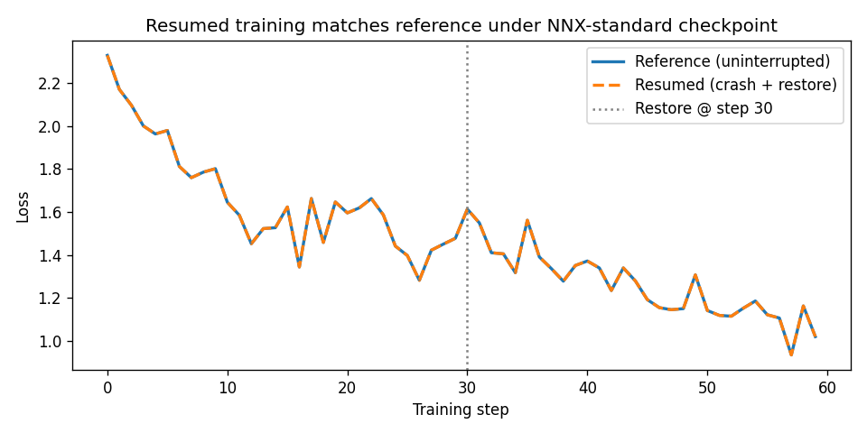 Resumed training matches reference under NNX-standard checkpoint